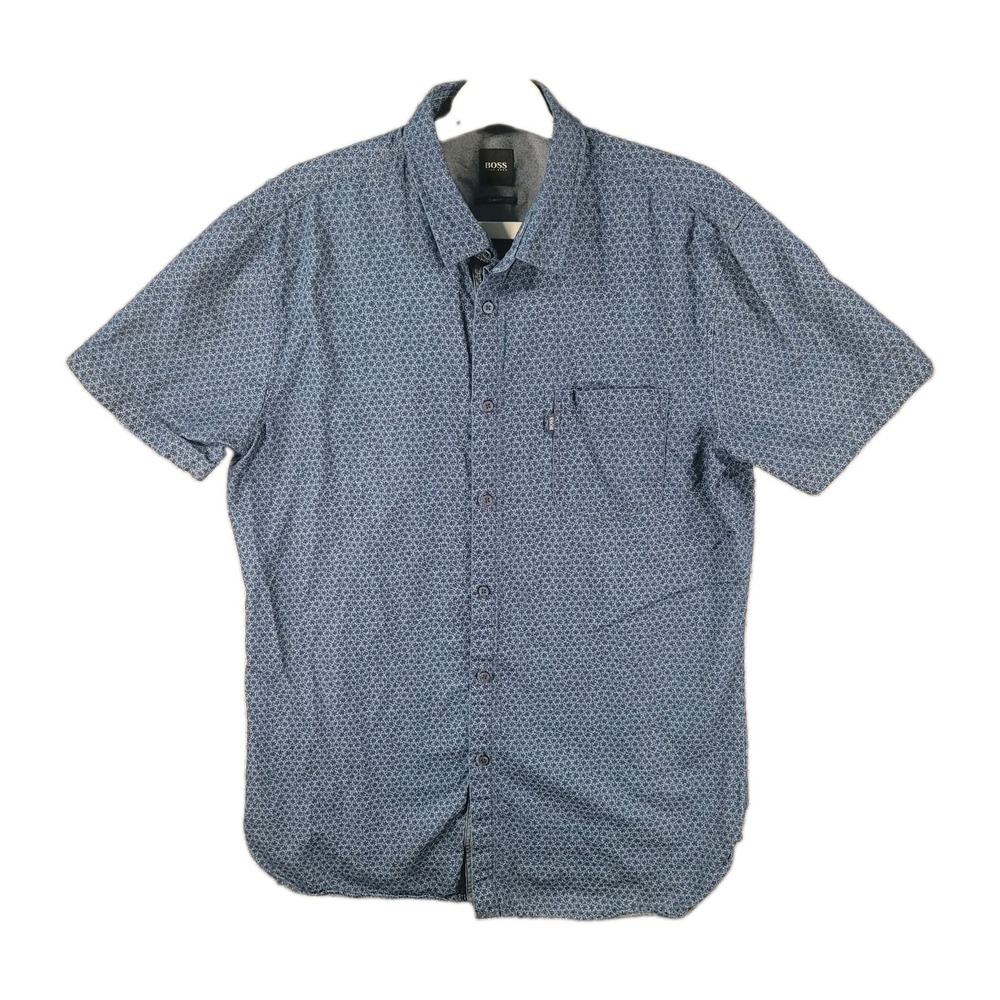 Hugo Boss Shirt Mens Large Blue Floral Geometric Short Sleeve Button Up Casual